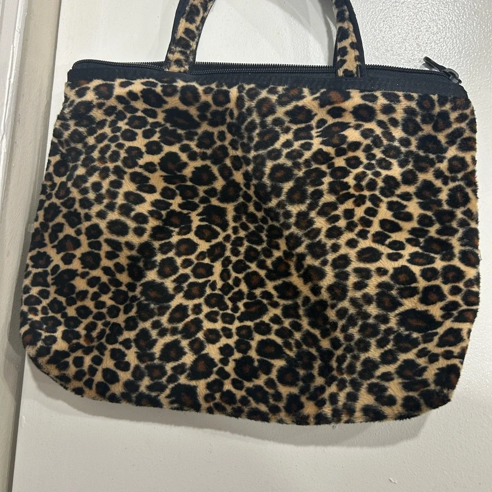 Leopard Faux Fur Tote Bag with Top Handles - Brown/Black